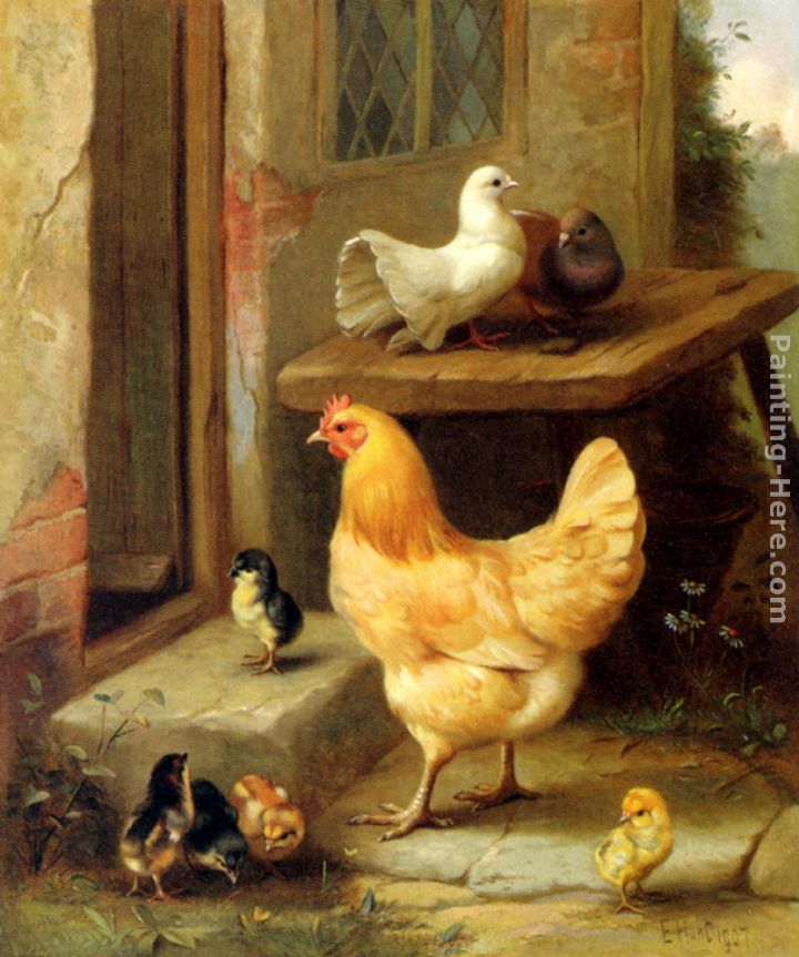 A Hen, Chicks And Pigeons painting - Edgar Hunt A Hen, Chicks And Pigeons art painting